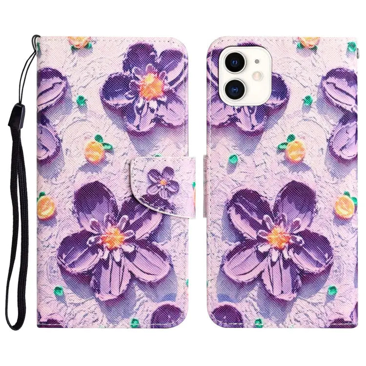 Colored Drawing Leather Phone Case For iPhone 12 mini - For iPhone 12 mini / Purple Flower - Apple Accessories