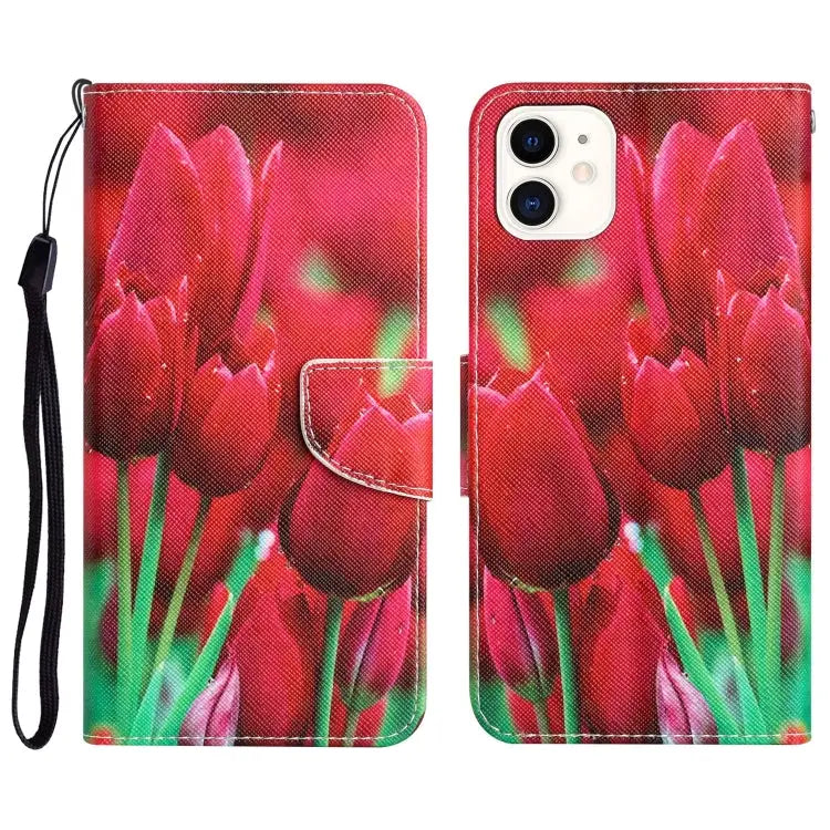 Colored Drawing Leather Phone Case For iPhone 12 mini - For iPhone 12 mini / Tulips - Apple Accessories
