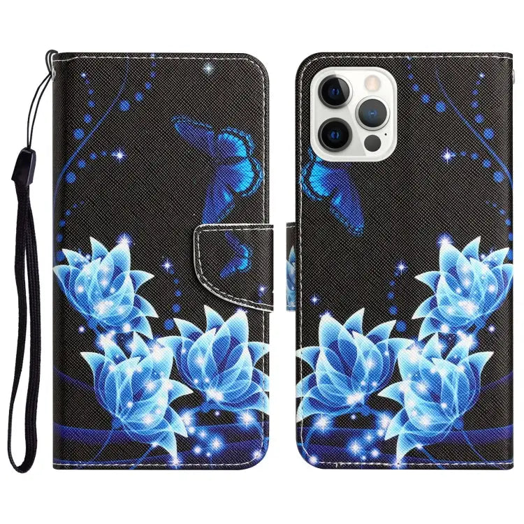 Colored Drawing Leather Phone Case For iPhone 12 Pro Max - For iPhone 12 Pro Max / Blue Butterfly - Apple Accessories