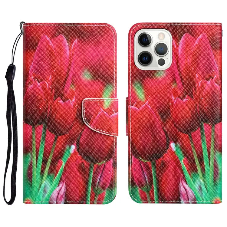 Colored Drawing Leather Phone Case For iPhone 12 Pro Max - For iPhone 12 Pro Max / Tulips - Apple Accessories