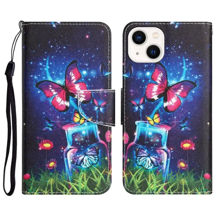 Colored Drawing Leather Phone Case For iPhone 13 - For iPhone 13 / Bottle Butterfly - Apple Accessories