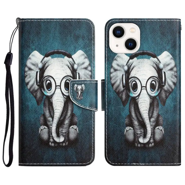 Colored Drawing Leather Phone Case For iPhone 13 - For iPhone 13 / Elephant - Apple Accessories