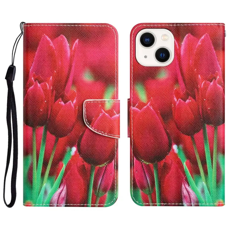 Colored Drawing Leather Phone Case For iPhone 13 - For iPhone 13 / Tulips - Apple Accessories