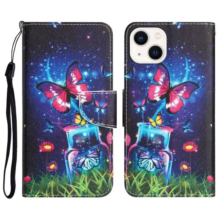 Colored Drawing Leather Phone Case For iPhone 14 - For iPhone 14 / Bottle Butterfly - Apple Accessories