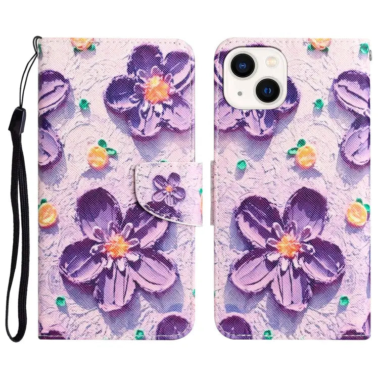 Colored Drawing Leather Phone Case For iPhone 14 Plus - For iPhone 14 Plus / Purple Flower - Apple Accessories
