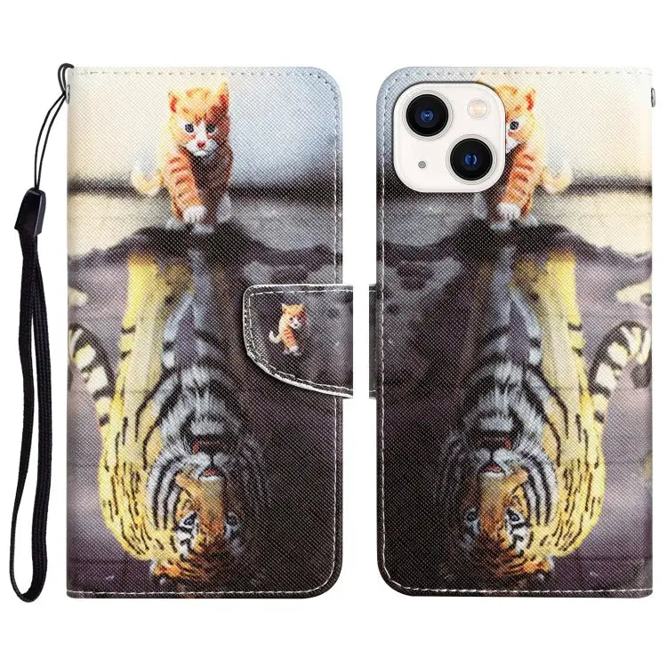 Colored Drawing Leather Phone Case For iPhone 14 Plus - For iPhone 14 Plus / Tiger - Apple Accessories