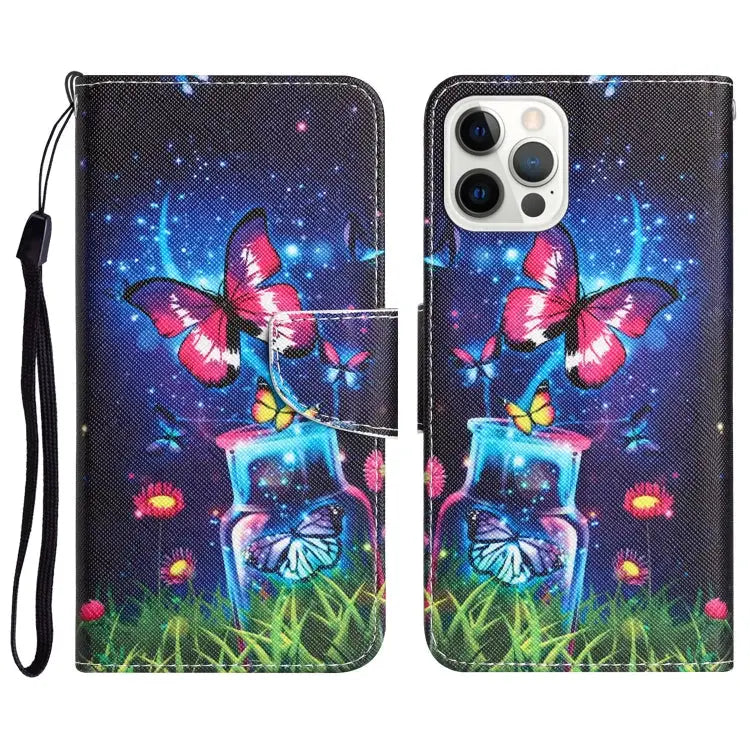 Colored Drawing Leather Phone Case For iPhone 14 Pro - For iPhone 14 Pro / Bottle Butterfly - Apple Accessories