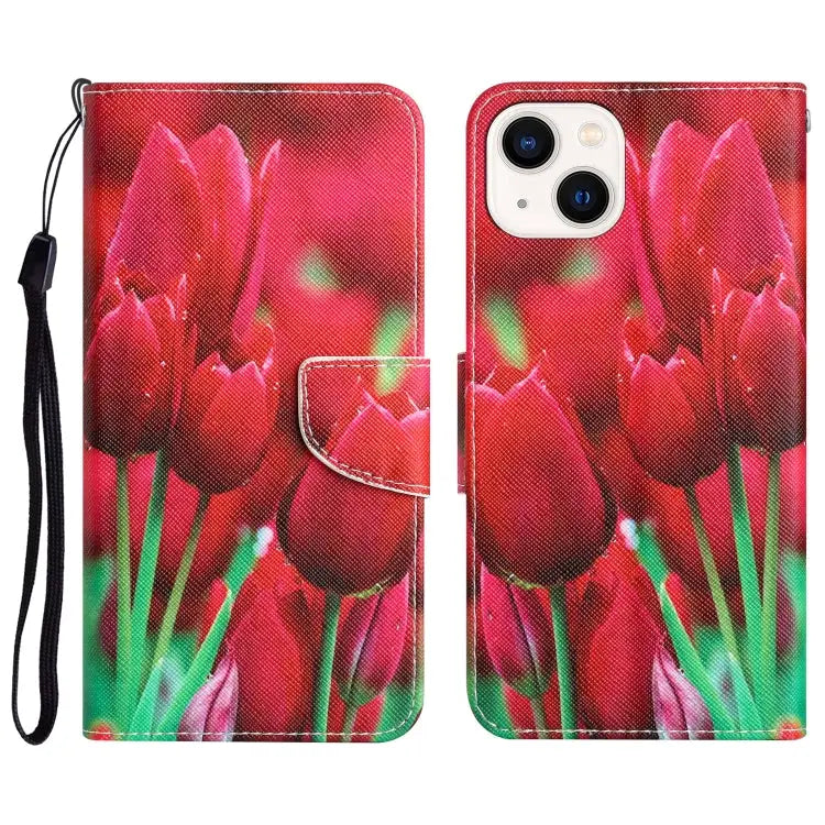Colored Drawing Leather Phone Case For iPhone 14 - For iPhone 14 / Tulips - Apple Accessories