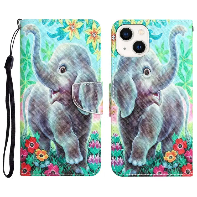 Colored Drawing Leather Phone Case For iPhone 15 Plus For iPhone 15 - For iPhone 15 / Elephant - Apple Accessories