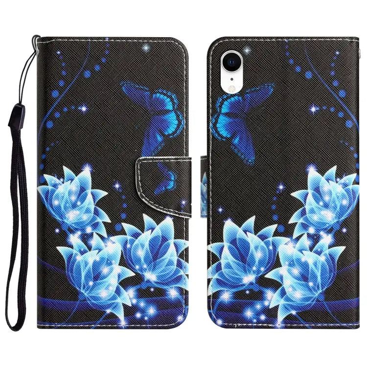 Colored Drawing Leather Phone Case For iPhone XR - For iPhone XR / Blue Butterfly - Apple Accessories