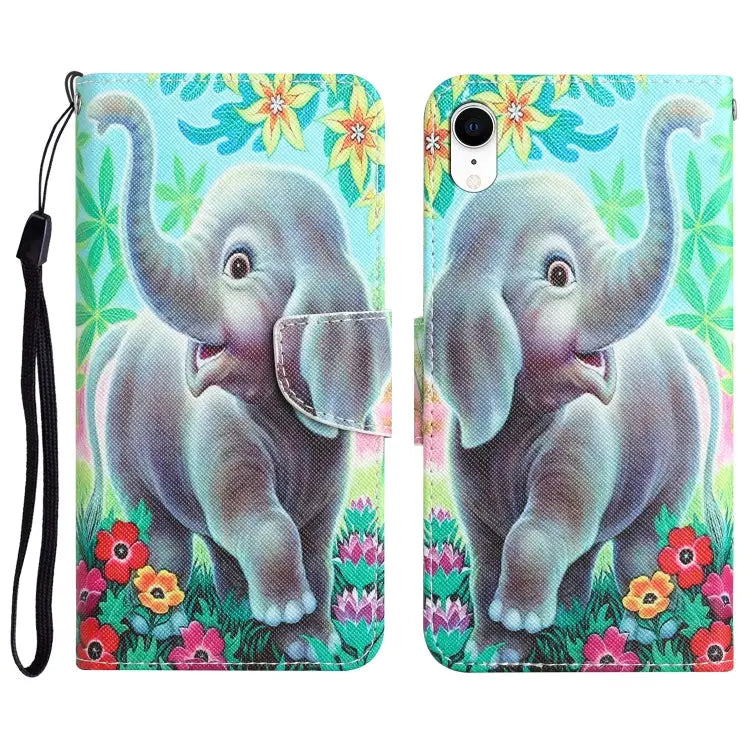 Colored Drawing Leather Phone Case For iPhone XR - For iPhone XR / Elephant - Apple Accessories