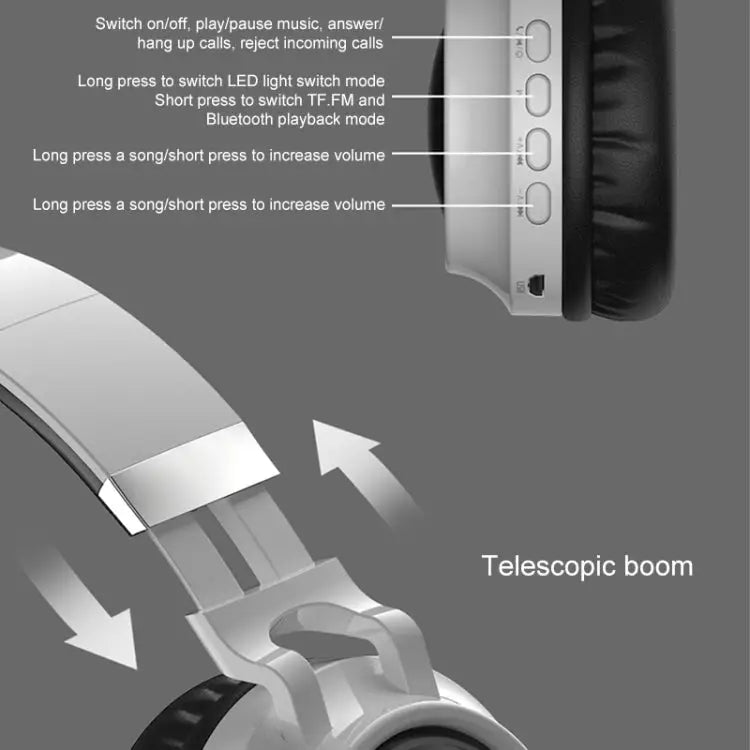 Colorful LED Bluetooth 5.0 Headphones Foldable Wireless HiFi Stereo Headset with Mic Support TF Card / 3.5mm AUX