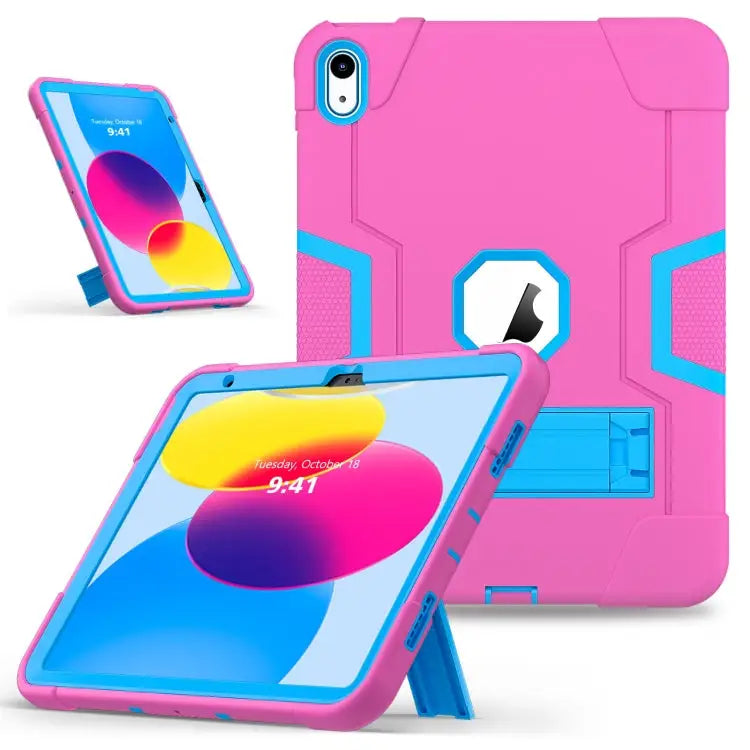 Contrast Color Silicone + PC Tablet Case with Holder For iPad 10th Gen 10.9 2022 - For iPad 10th Gen 10.9 2022 / Rose