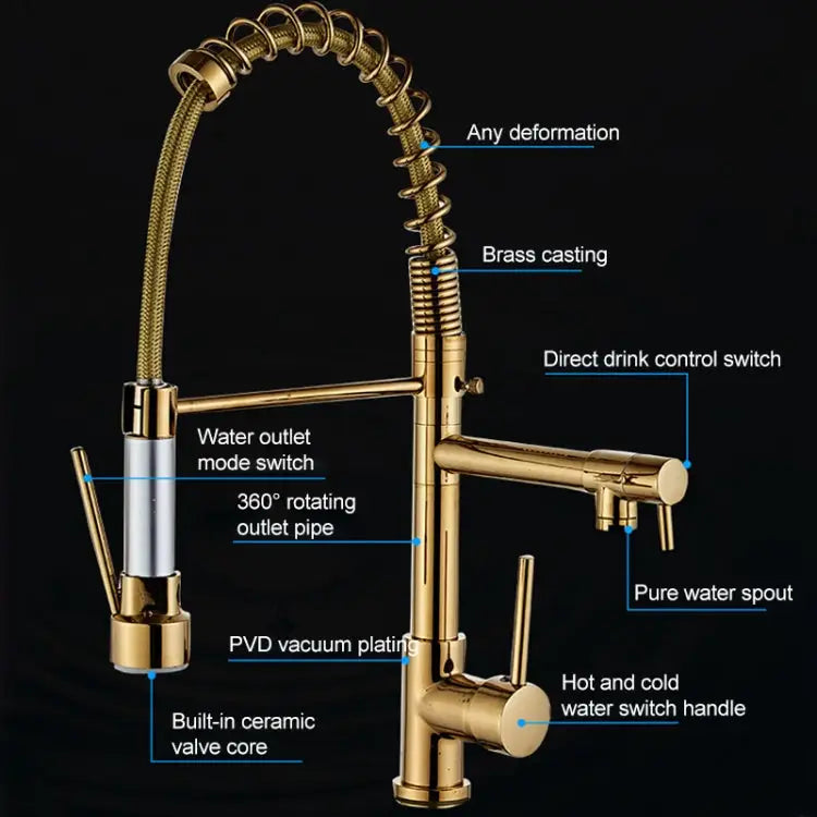Copper Pull Type Large Spring Double Outlet Kitchen Sink Hot Cold Faucet Gold - Gold