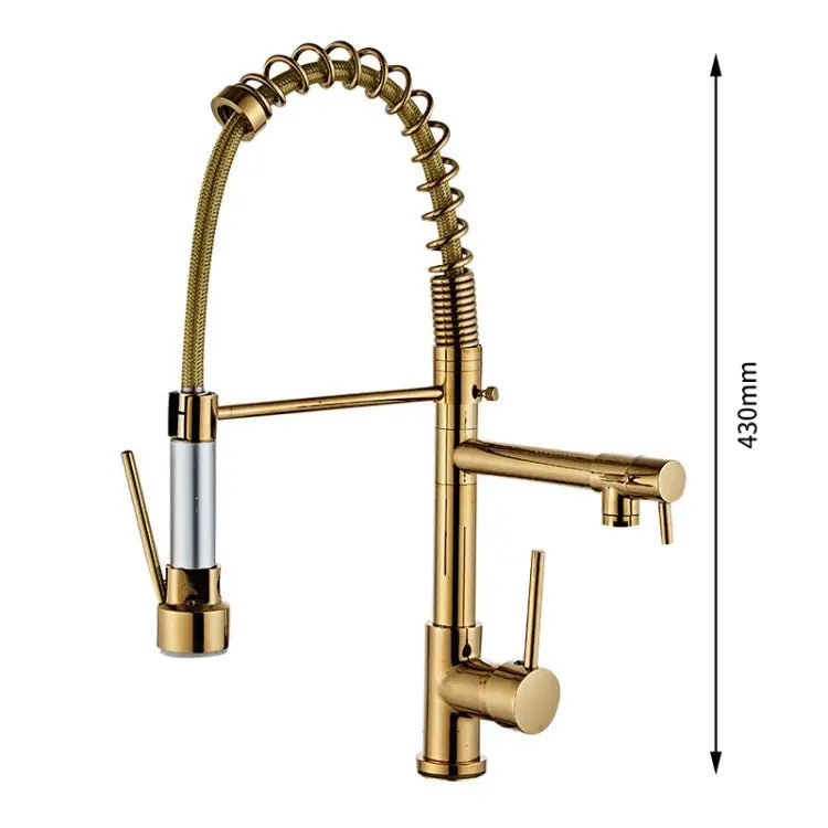 Copper Pull Type Large Spring Double Outlet Kitchen Sink Hot Cold Faucet Gold - Gold