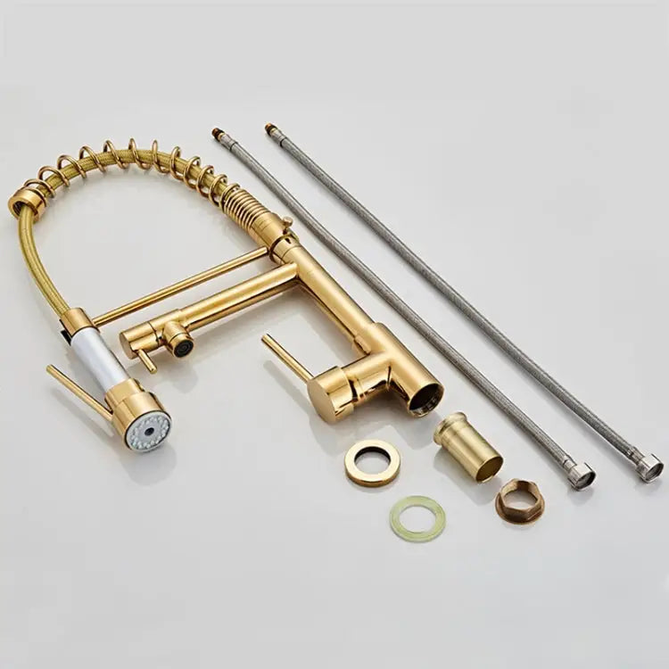 Copper Pull Type Large Spring Double Outlet Kitchen Sink Hot Cold Faucet Gold - Gold