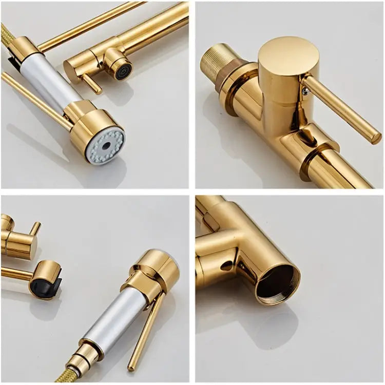 Copper Pull Type Large Spring Double Outlet Kitchen Sink Hot Cold Faucet Gold - Gold