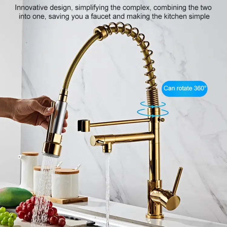 Copper Pull Type Large Spring Double Outlet Kitchen Sink Hot Cold Faucet Gold - Gold