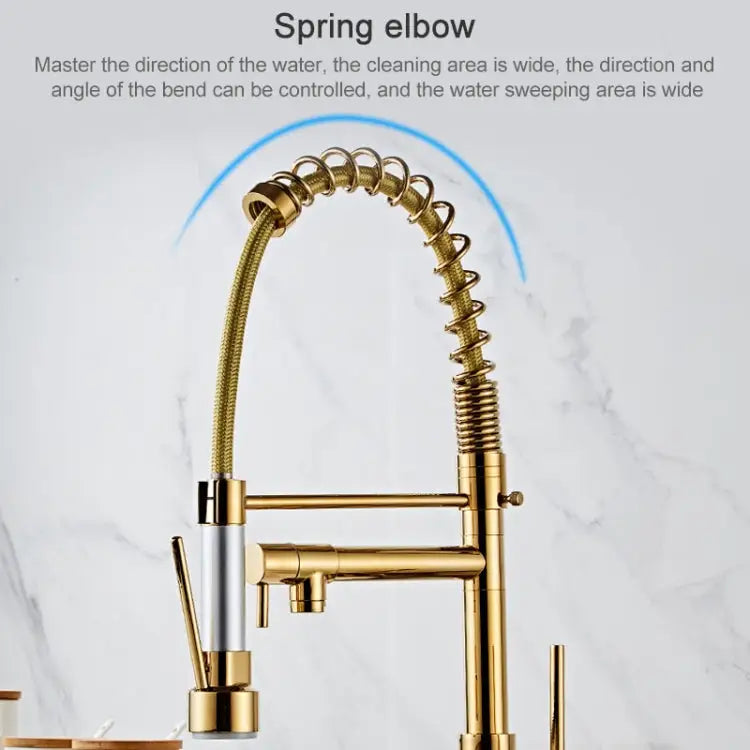 Copper Pull Type Large Spring Double Outlet Kitchen Sink Hot Cold Faucet Gold - Gold