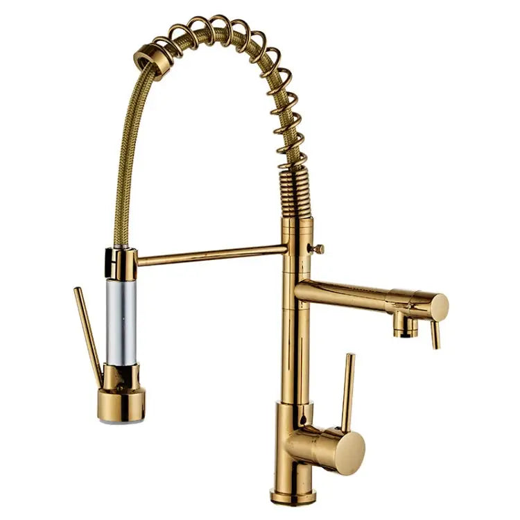 Copper Pull Type Large Spring Double Outlet Kitchen Sink Hot Cold Faucet Gold - Gold