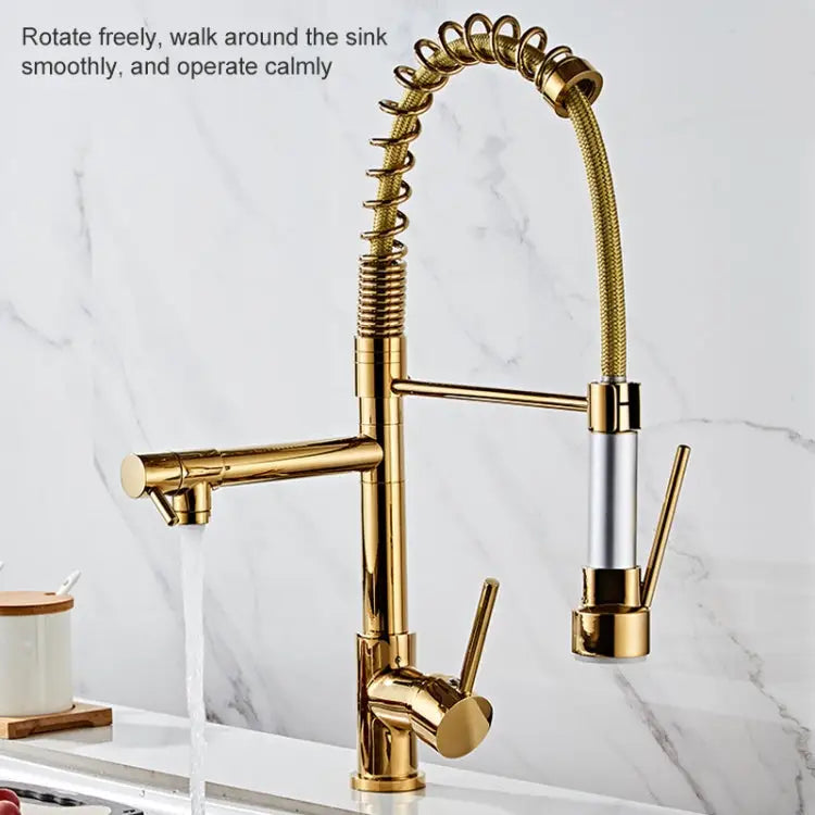 Copper Pull Type Large Spring Double Outlet Kitchen Sink Hot Cold Faucet Gold - Gold