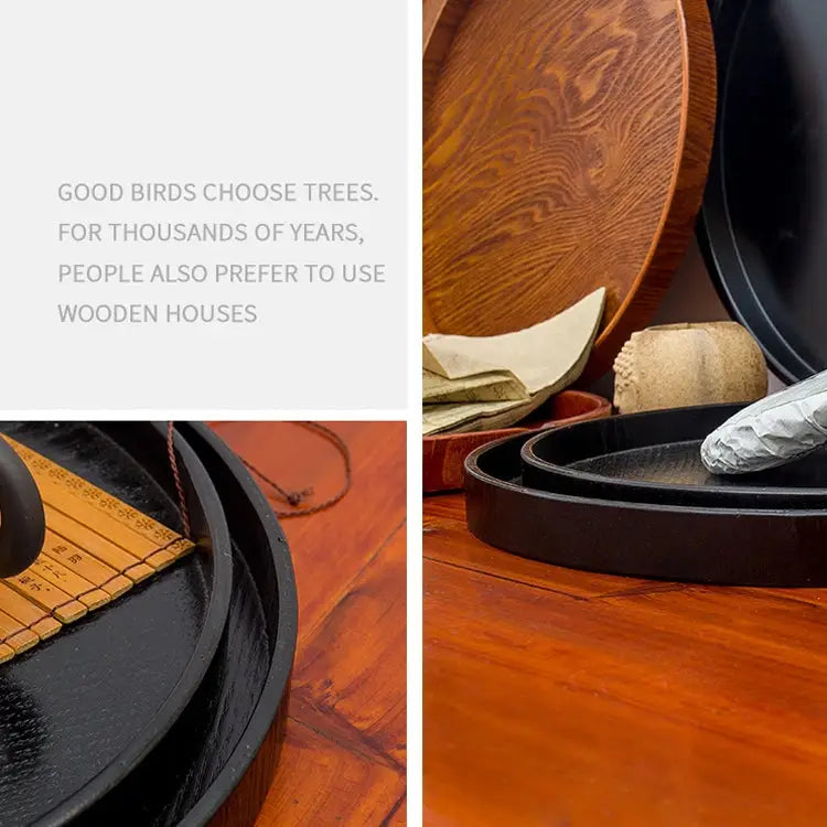 Creative Round Solid Wood Tea Tray Hotel Wooden Tay Storage Tray Diameter: 27 cm Black Diameter: 27cm - Black,