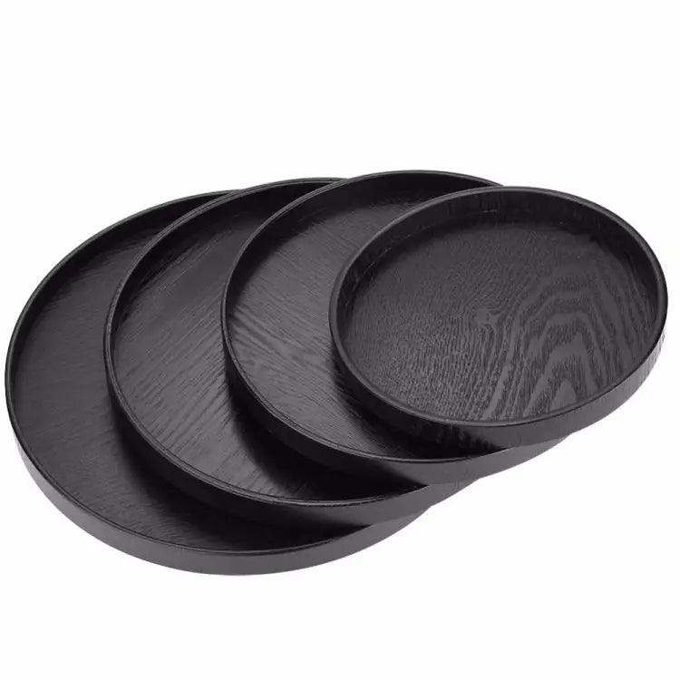 Creative Round Solid Wood Tea Tray Hotel Wooden Tay Storage Tray Diameter: 27 cm Black Diameter: 27cm - Black,