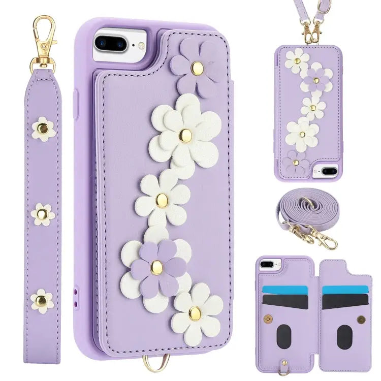 Crossbody Flower Pattern Leather Phone Case - For iPhone 8 Plus / 7 Plus / Purple - Apple Accessories