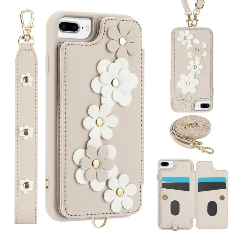 Crossbody Flower Pattern Leather Phone Case - For iPhone 8 Plus / 7 Plus / White - Apple Accessories