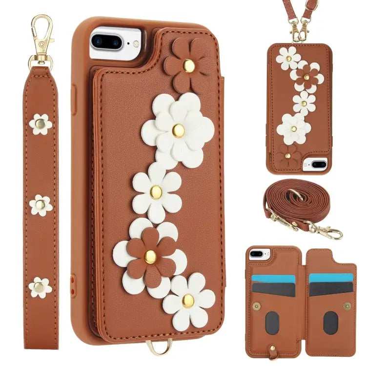Crossbody Flower Pattern Leather Phone Case - For iPhone 8 Plus / 7 Plus / Brown - Apple Accessories