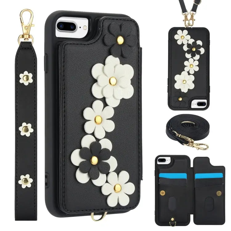 Crossbody Flower Pattern Leather Phone Case - For iPhone 8 Plus / 7 Plus / Black - Apple Accessories