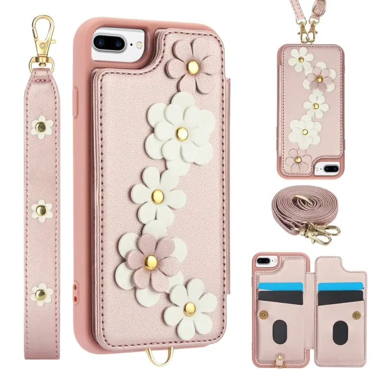 Crossbody Flower Pattern Leather Phone Case - For iPhone 8 Plus / 7 Plus / Rose Gold - Apple Accessories