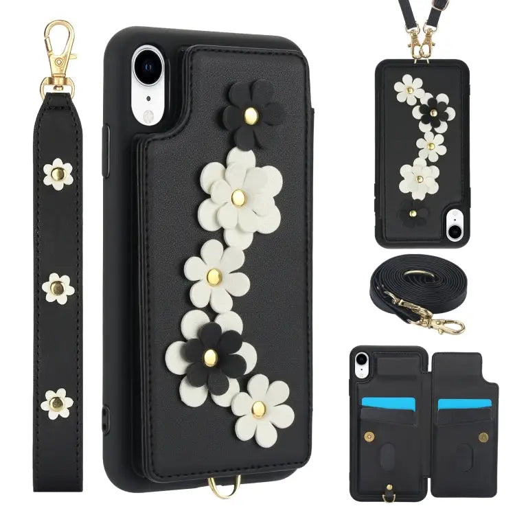 Crossbody Flower Pattern Leather Phone Case - For iPhone XR / Black - Apple Accessories