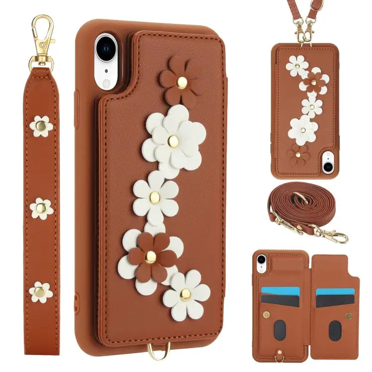 Crossbody Flower Pattern Leather Phone Case - For iPhone XR / Brown - Apple Accessories