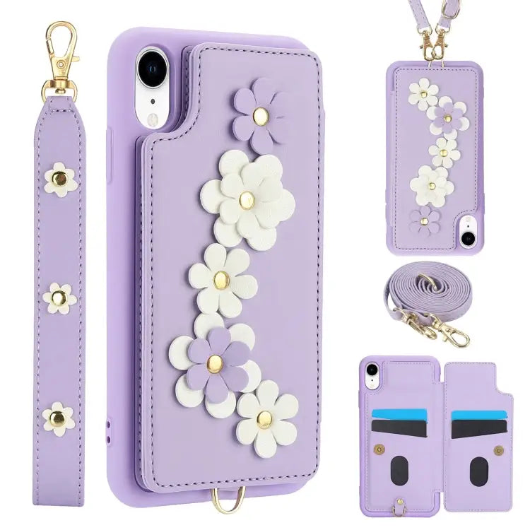 Crossbody Flower Pattern Leather Phone Case - For iPhone XR / Purple - Apple Accessories