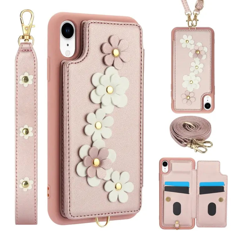 Crossbody Flower Pattern Leather Phone Case - For iPhone XR / Rose Gold - Apple Accessories