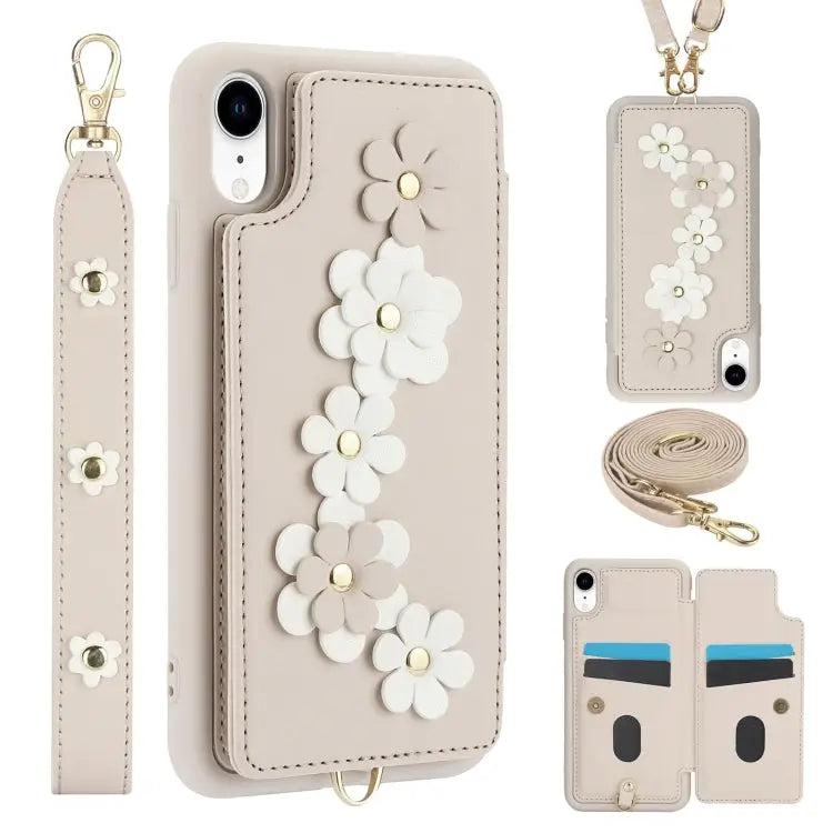 Crossbody Flower Pattern Leather Phone Case - For iPhone XR / White - Apple Accessories