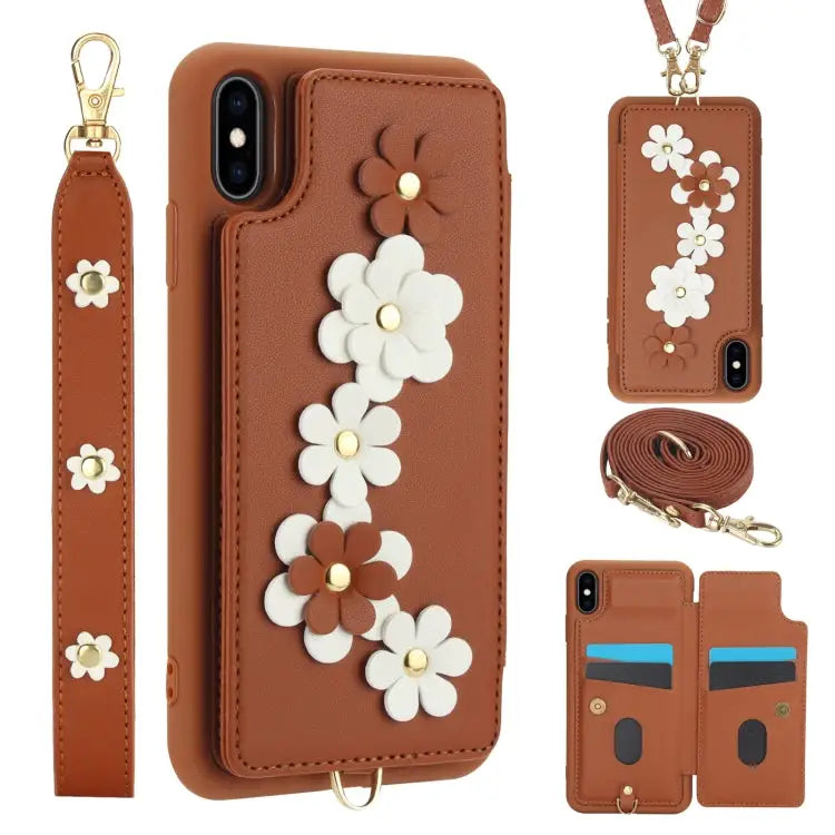 Crossbody Flower Pattern Leather Phone Case - For iPhone XS Max / Brown - Apple Accessories