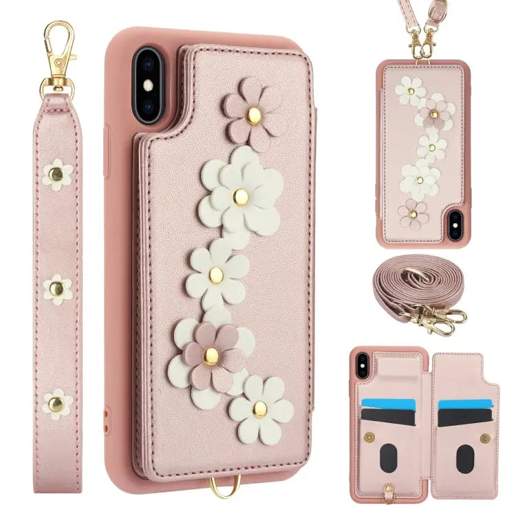 Crossbody Flower Pattern Leather Phone Case - For iPhone XS Max / Rose Gold - Apple Accessories