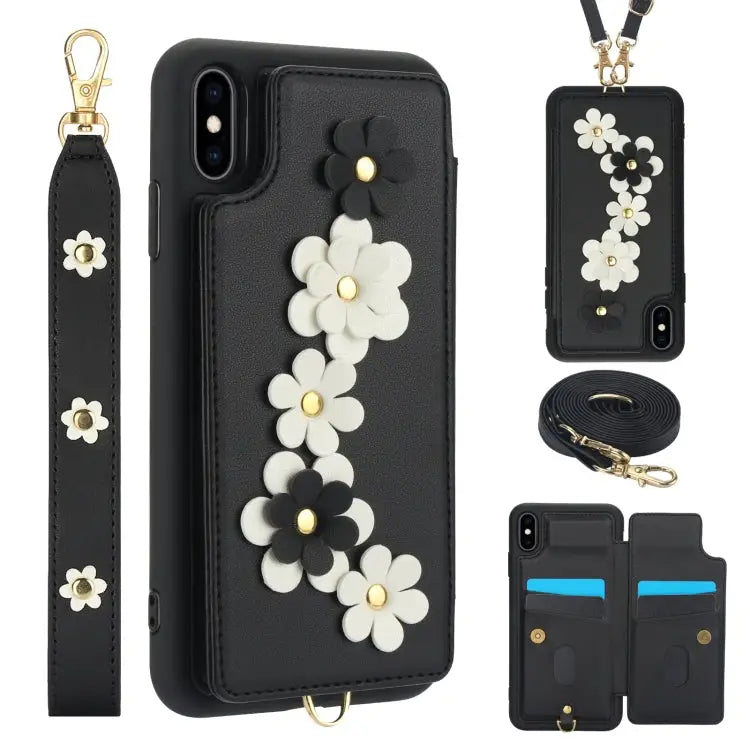 Crossbody Flower Pattern Leather Phone Case - For iPhone XS / X / Black - Apple Accessories