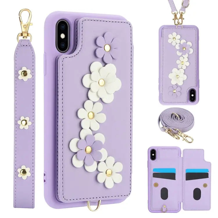 Crossbody Flower Pattern Leather Phone Case - For iPhone XS / X / Purple - Apple Accessories