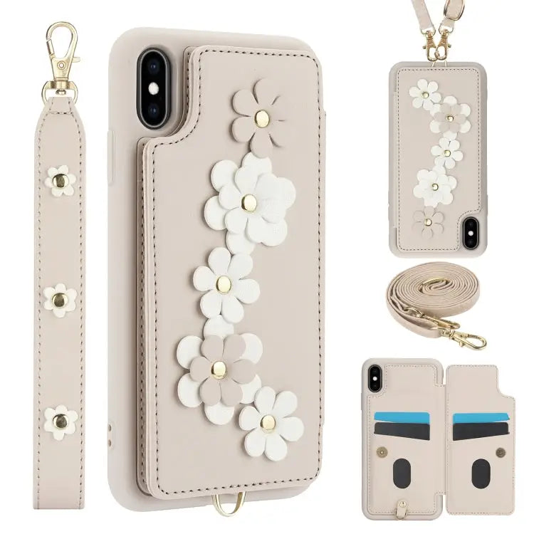 Crossbody Flower Pattern Leather Phone Case - For iPhone XS / X / White - Apple Accessories