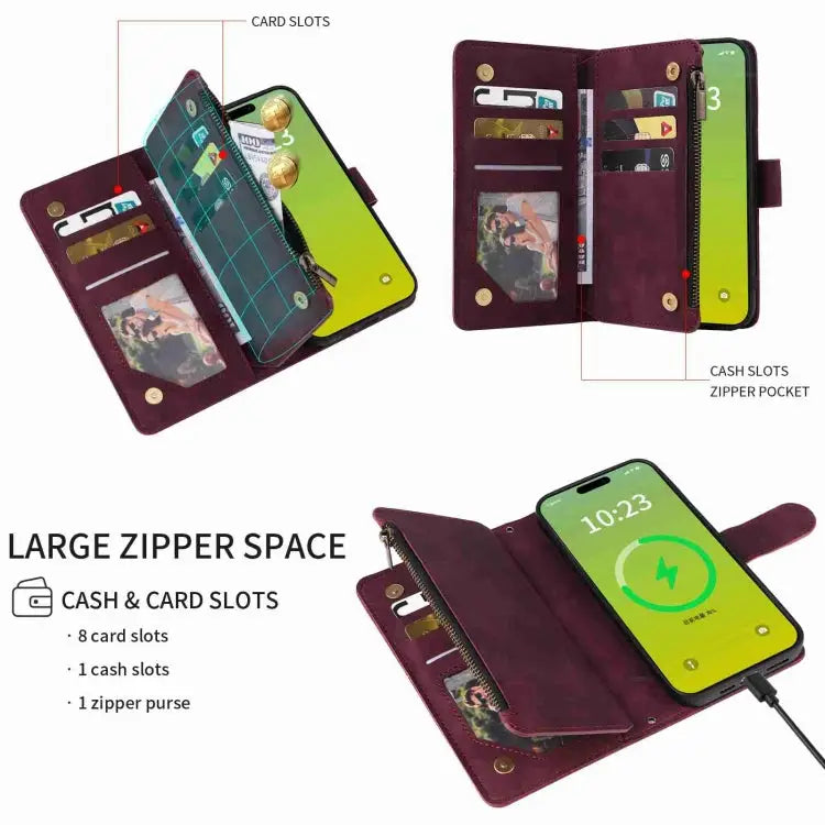 Crossbody Multi-card Slot Wallet Zipper Leather Phone Case For iPhone 15 Plus For iPhone 15 - Apple Accessories