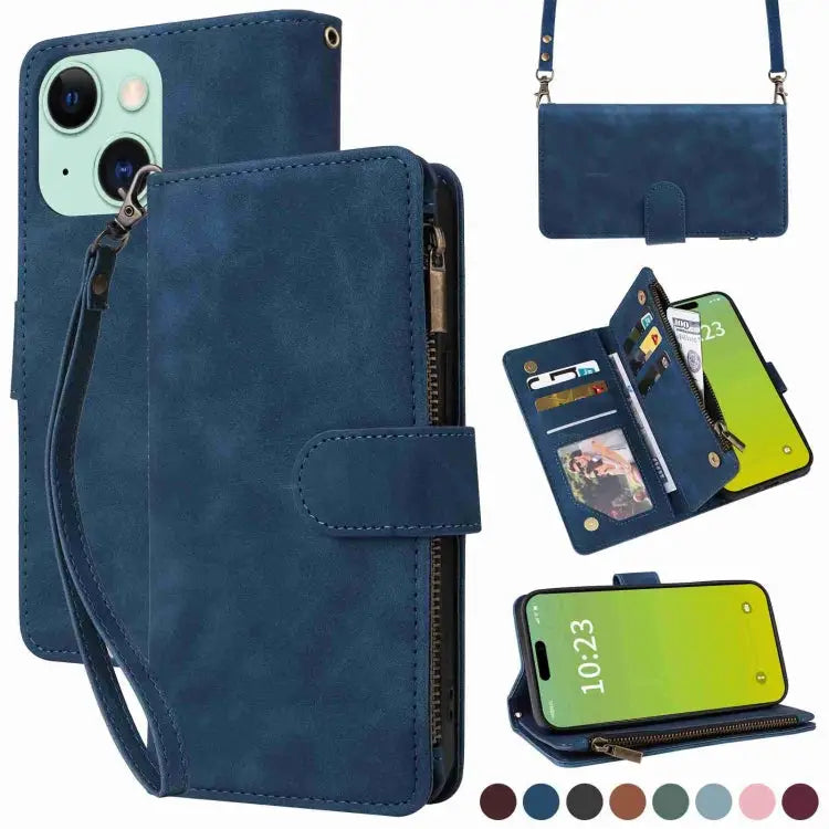 Crossbody Multi-card Slot Wallet Zipper Leather Phone Case For iPhone 15 Plus For iPhone 15 - For iPhone 15 / Dark Blue