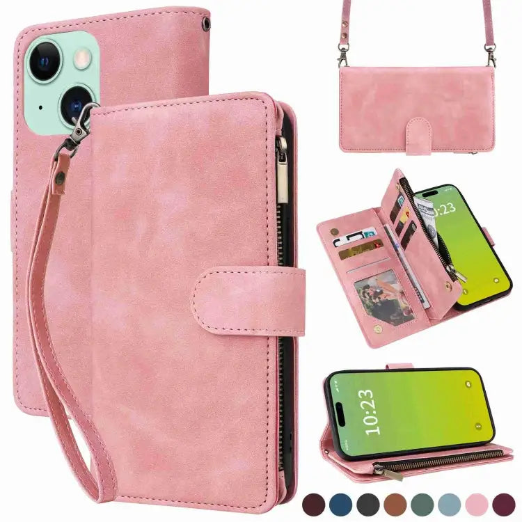 Crossbody Multi-card Slot Wallet Zipper Leather Phone Case For iPhone 15 Plus For iPhone 15 - For iPhone 15 Plus / Pink