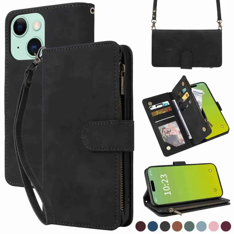 Crossbody Multi-card Slot Wallet Zipper Leather Phone Case For iPhone 15 Plus For iPhone 15 - For iPhone 15 Plus