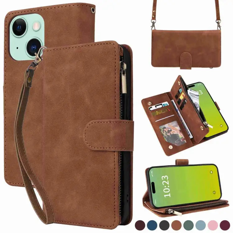 Crossbody Multi-card Slot Wallet Zipper Leather Phone Case For iPhone 15 Plus For iPhone 15 - For iPhone 15 Plus