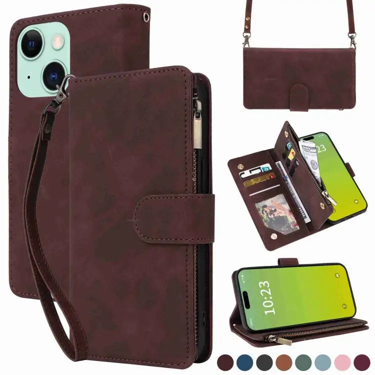 Crossbody Multi-card Slot Wallet Zipper Leather Phone Case For iPhone 15 Plus For iPhone 15 - For iPhone 15 / Coffee