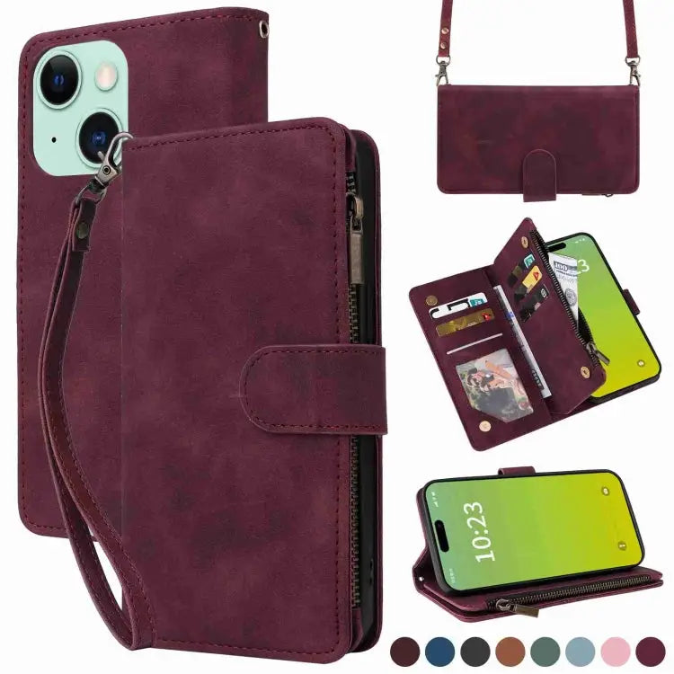 Crossbody Multi-card Slot Wallet Zipper Leather Phone Case For iPhone 15 Plus For iPhone 15 - For iPhone 15 Plus / Wine