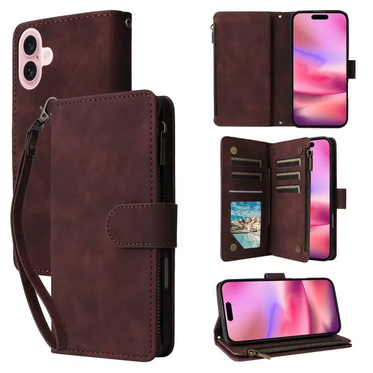 Crossbody Multi-card Slot Wallet Zipper Leather Phone Case For iPhone 16 For iPhone 15 Pro Max For iPhone 15 Pro